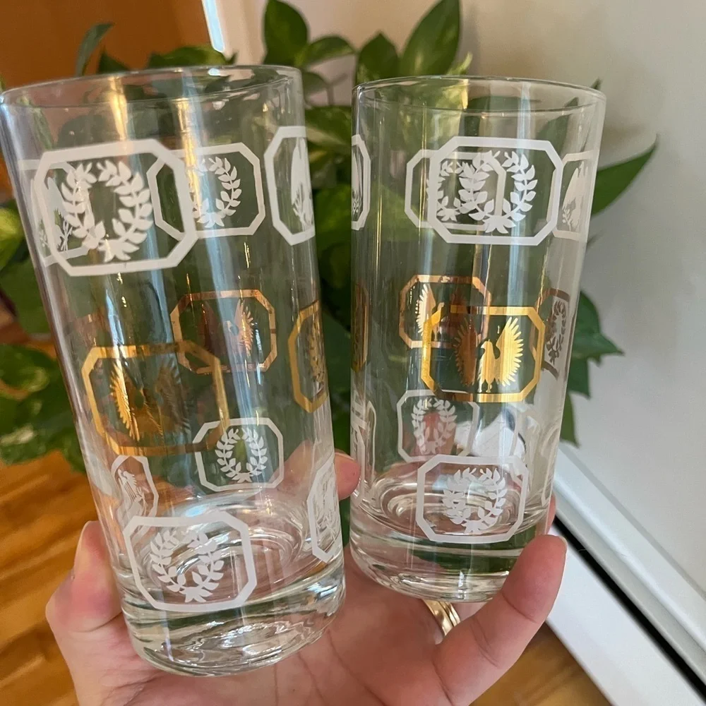 Highball Glasses Set of 2 Vintage Gold & White w/ Eagles Laurel Wreaths